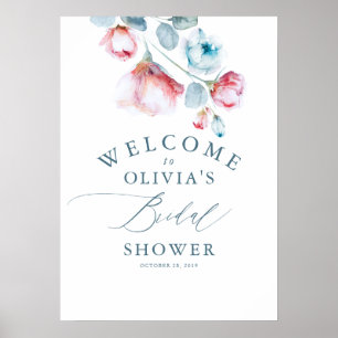 Poster Azul Empoeirado Floral Elegante Chá de Noiva Bem-V