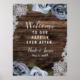 Poster Azul Empoeirado Rosas Florais Rustic Wood & Lace C