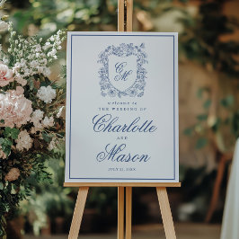 Poster Azul Floral Crest Vintage Casamento Elegante Bem-v