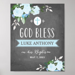 Poster Azul floral do giz do sinal do baptismo dos deus