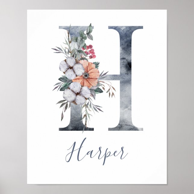 Poster Azul Floral Watercolor Monograma H Nome (Frente)