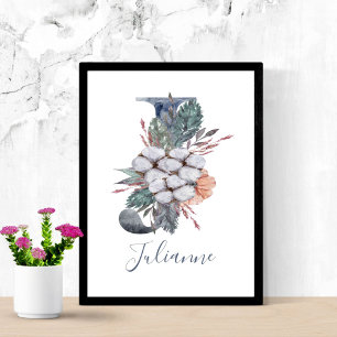 Poster Azul Floral Watercolor Monograma J Nome