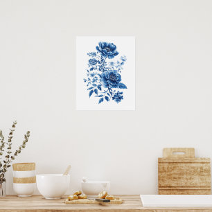 Poster Azul Francês Aquarela Toile Chinoiserie Floral