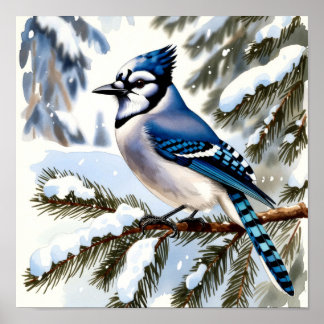 Poster Azul Gaio em Pinheiros Nevados Aquarela Pássaro de