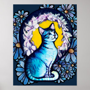 Poster Azul Gato Halo Mucha Estilo Floral