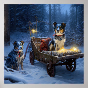 Poster Azul Heeler Snowy Sleigh Decência de Natal