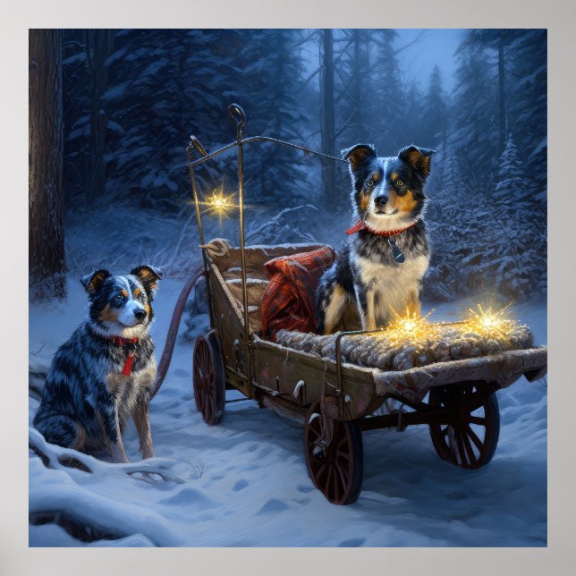 Poster Azul Heeler Snowy Sleigh Decência de Natal (Frente)