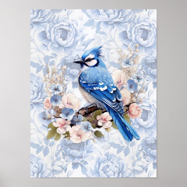 Poster Azul Jay com Floral Azul Centáurea e Rosa Cor-de-R (Frente)