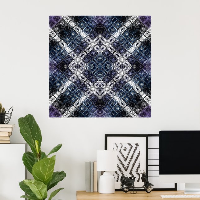 Poster Azul Luminoso e Treliça Geométrica Branca (Escritório em casa)