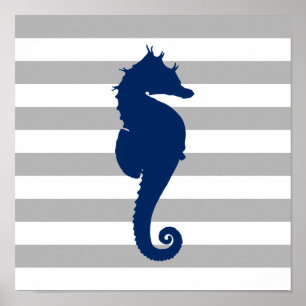 Póster Azul Marinho Cavalo-Marinho Cinza e Listras Branca