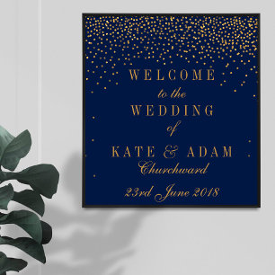 Poster Azul Marinho & Confetes Dourados Casamento Bem-vin