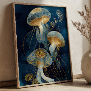 Poster Azul Marinho & Dourado Arte de Tinta Kintsugi de Á
