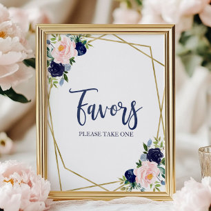 Poster Azul Marinho Dourado  Sinal de Favor Floral Aquare