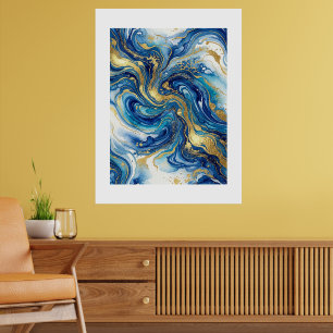 Poster Azul Mármore Dourado Luxo Abstrato Arte Fluida Par