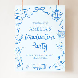 Poster Azul Moderno com Desenho à Mão Festa de Formatura