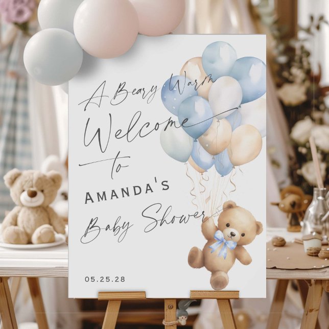 Poster Azul Moderno Podemos Esperar O Sinal De Boas-Vinda (Blue baby boy Shower We can bearly wait- welcome sign.)