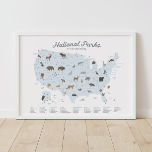 Poster Azul National Parks Map Woodland Nursery Decor