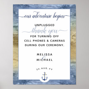 Poster Azul Náutico e Dourado Sinal de Casamento Desconec