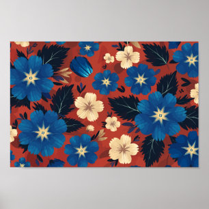 Poster Azul Negrito e Creme Floral em Fundo Vermelho