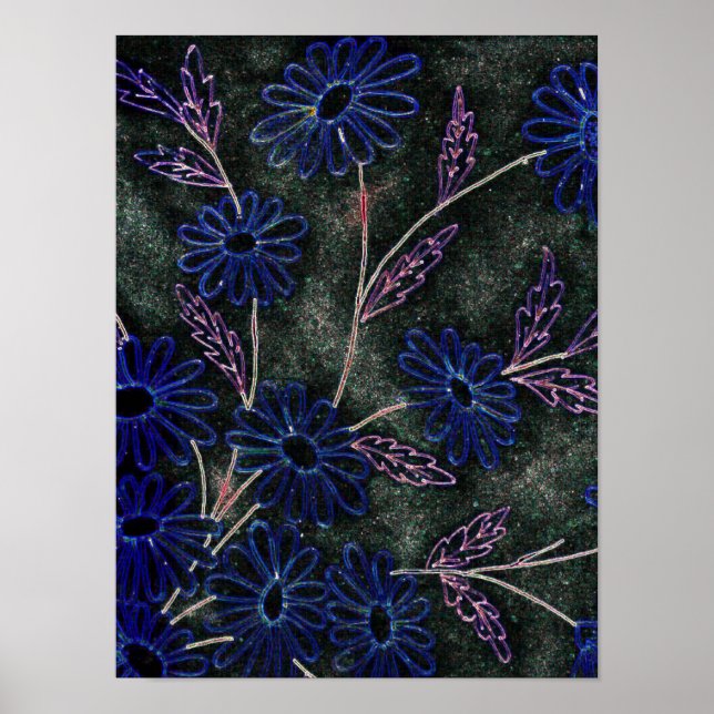Póster azul no decor floral preto (Frente)