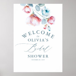 Poster Azul Poeirento Floral Chuveiro de Noiva Elegante B