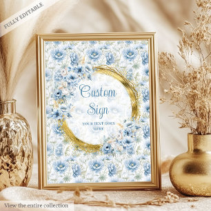 Poster Azul-poeirento moderno, flores de aquarela dourada