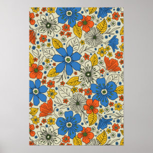 Poster Azul Retroativo, Amarelo e Laranja Floral