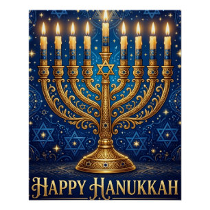 Póster Azul Rico e Dourado Hanukkah Enfeitado com Joias