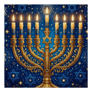 Póster Azul Rico e Dourado Hanukkah Repleto de Joias
