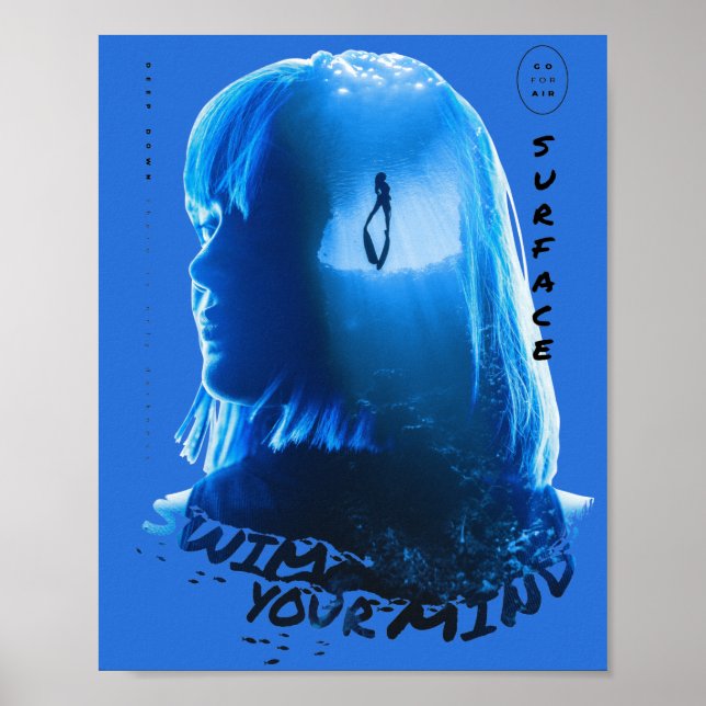 Poster Azul Surreal Menina Subaquática Oceano Dupla Expos (Frente)