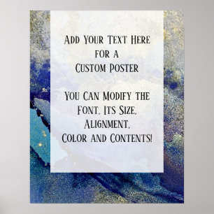 Poster Azul, Teal e Dourada Tinta Álcool Marmoreada DIY