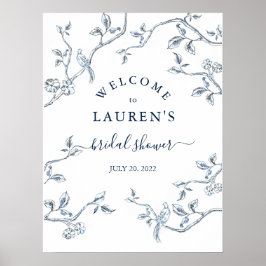 Poster Azul Toile Francês & Branco Boas-vindas de Chá de