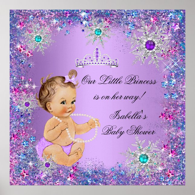 Póster Azul Turquesa Roxo Rosa Chuveiro de Bebê Princesa  (Frente)