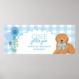 Poster Azul Um Ano Dourado Doodle Cachorrinho 1º Aniversá