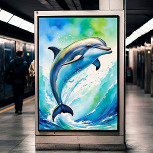 Poster Azul Verde-Cor-d-água Branca com Golfinho em Água