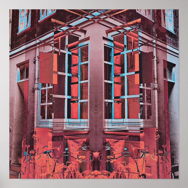 Poster Azul vermelho Copenhaga janelas de reflexão arte d (Frente)