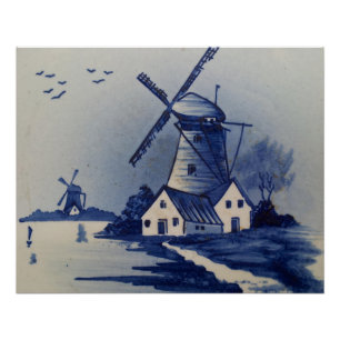 Póster Azul Vintage Delft Moinho de Vento Branco