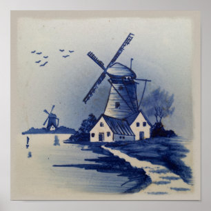 Poster Azul Vintage Delft Moinho de Vento Branco