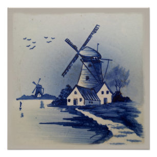 Póster Azul Vintage Delft Moinho de Vento Branco