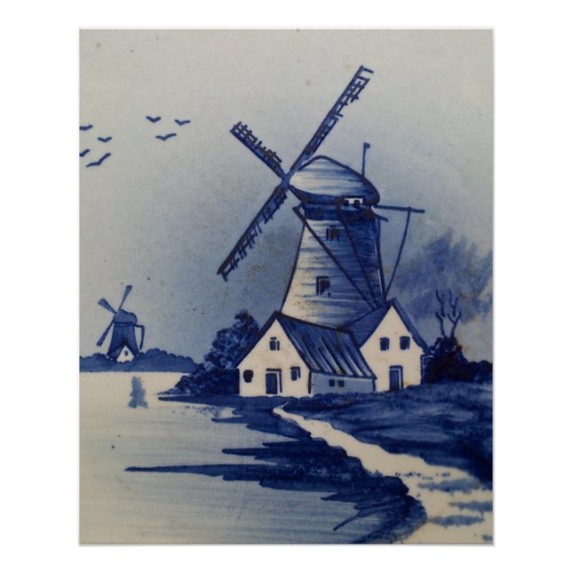 Póster Azul Vintage Delft Moinho de Vento Branco (Frente)