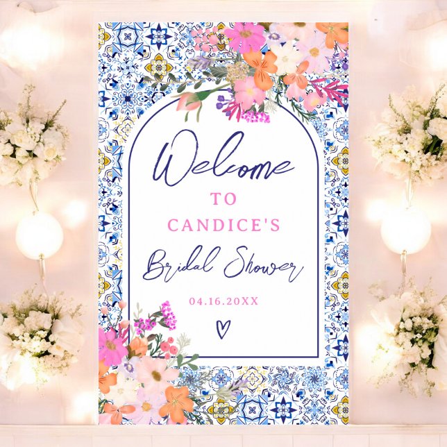 Poster Azulejo azul italiano aquarela floral bridal bem-v (Italian blue tile watercolor floral bridal welcome poster)