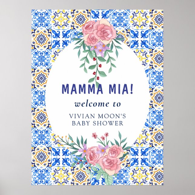 Poster Azulejo azul italiano Mamma Mia Chá de fraldas (Frente)