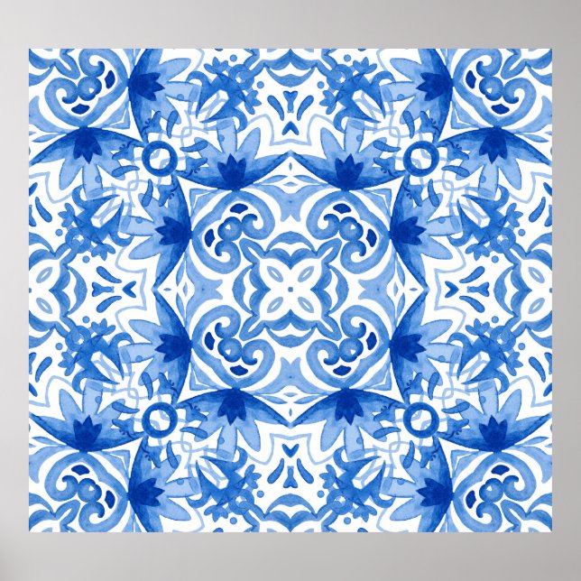 Poster Azulejo branco azul, padrão uniforme de aquarela. (Frente)