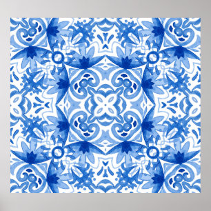 Poster Azulejo branco azul, padrão uniforme de aquarela.