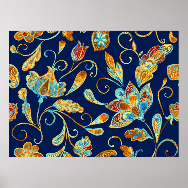 Poster Azulejo de padrão floral de cor aquosa de Paisley: (Frente)