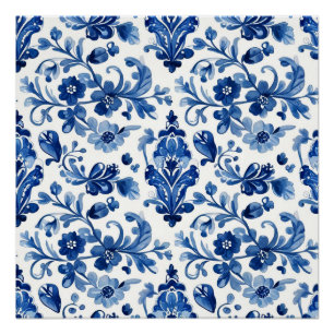 Póster Azulejo Floral Azul Português Vintage