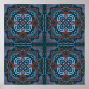 Poster Azulejo Teal Floral do Mediterrâneo