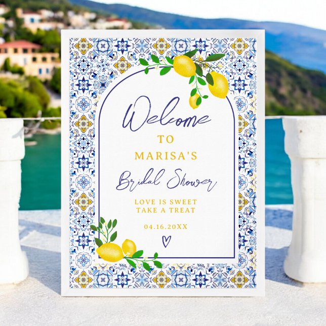 Poster Azulejos azuis italianos cor d'água limão (Italian blue tiles watercolor lemon bridal welcome poster)