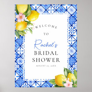 Poster Azulejos Azuis Lemon Chá de panela Floral Bem-vind