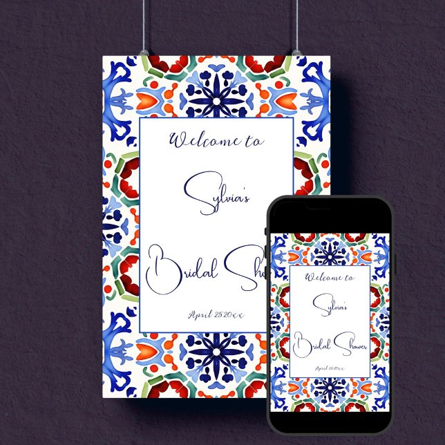 Poster Azulejos coloridos mexicanos azuis chá de panela b (Blue Mexican colorful azulejo talavera tiles bridal shower welcome sign Poster template download)